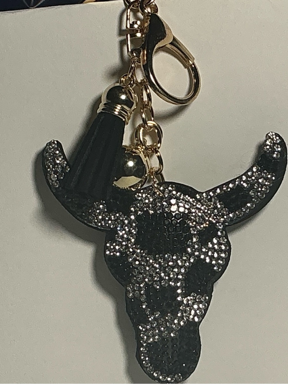 Black Crystal Bull Skull Bag Charm with Gold Hardware